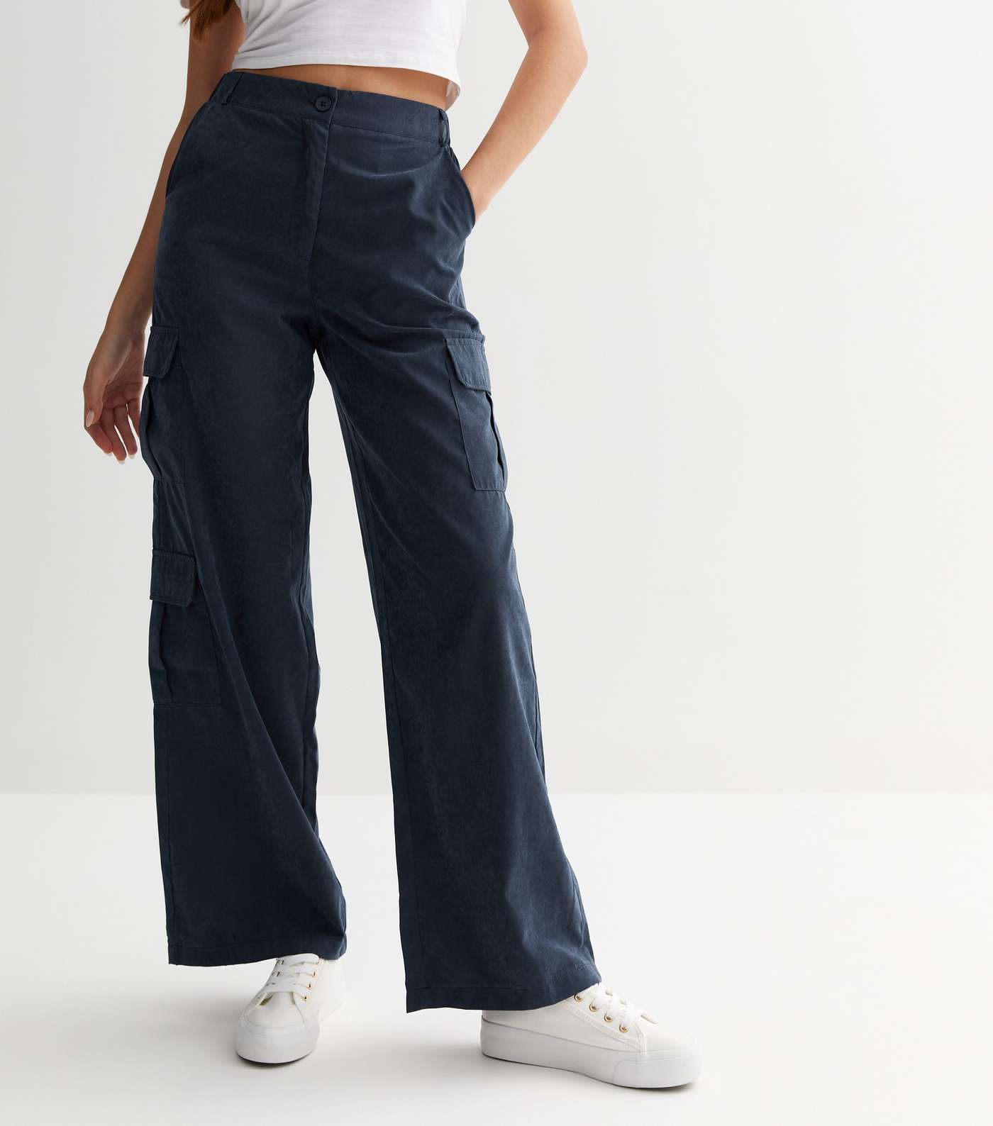 Navy Wide Leg Cargo Trousers Image 2