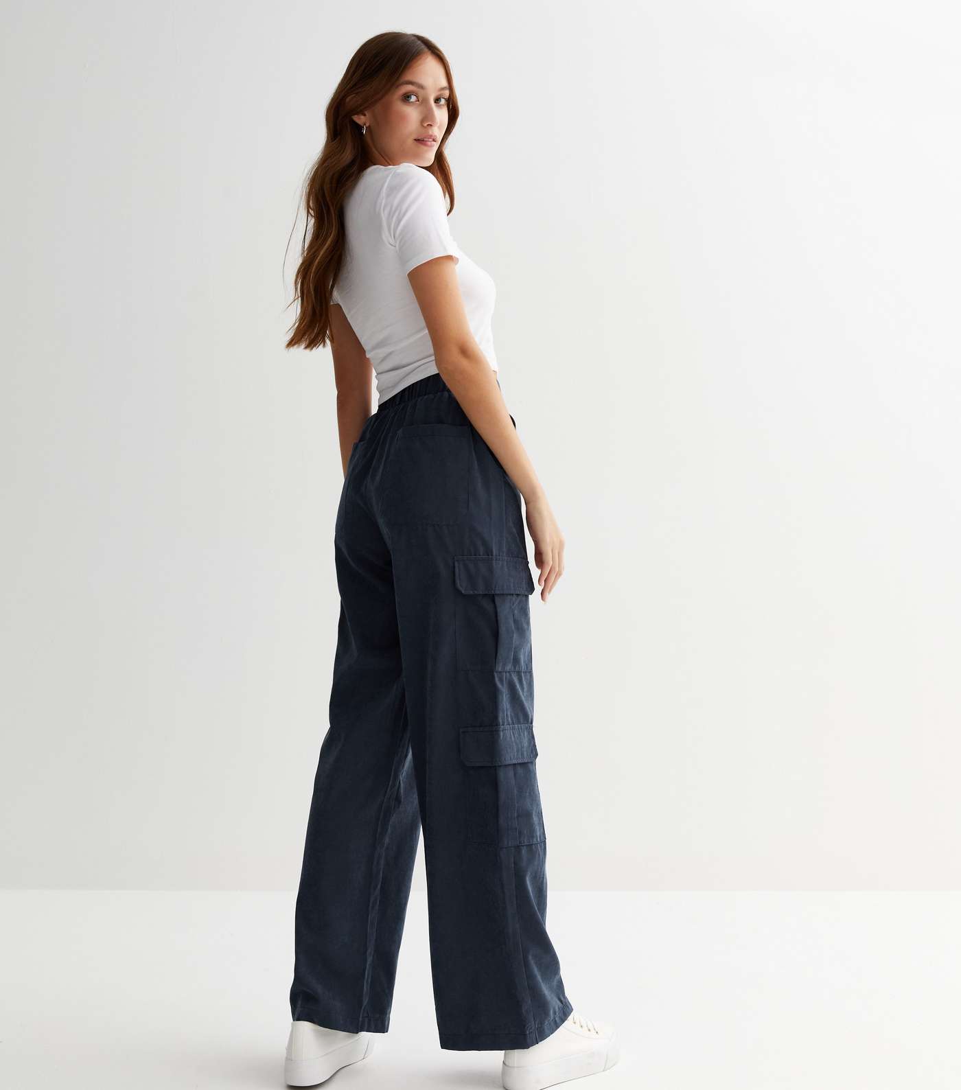 Navy Wide Leg Cargo Trousers Image 4