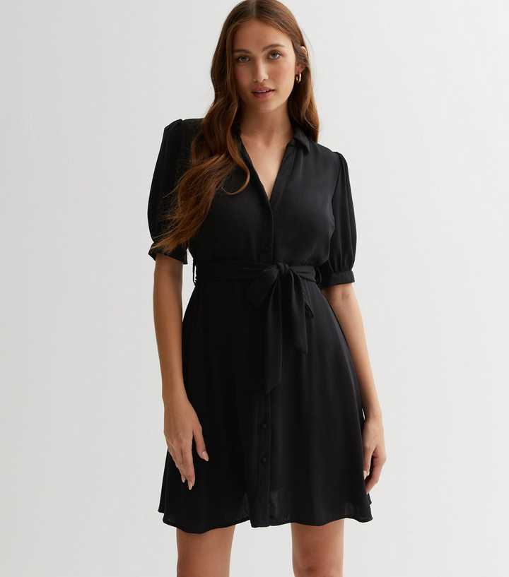 Black Puff Sleeve Belted Mini Shirt Dress