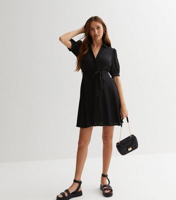 Black puff sleeve store belted shirt dress