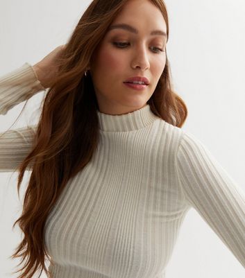 Pink Vanilla Off White Ribbed Jersey Long Sleeve Crop Top