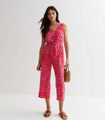 Red Animal Print Tie Front Jumpsuit
