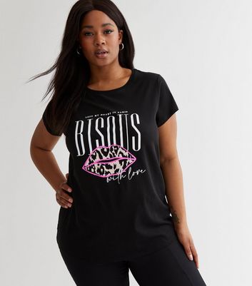 Curves Black Bisous Logo T Shirt New Look