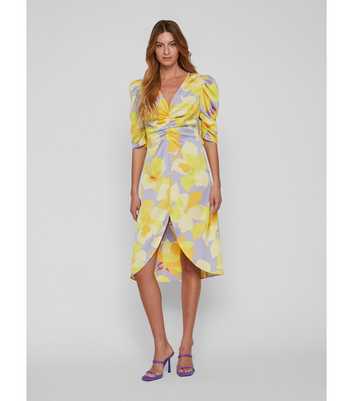 VILA Yellow Floral Ruched Midi Dress