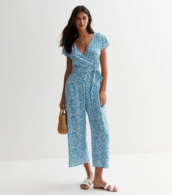Blue Ditsy Floral Wrap Jumpsuit New Look