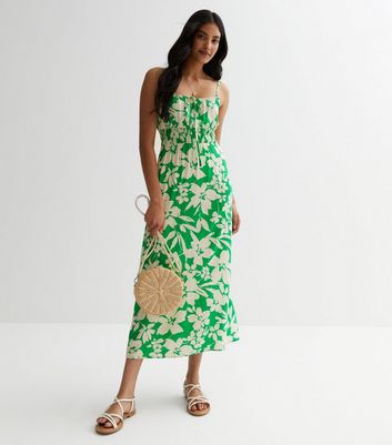 Green Floral Shirred Midi Slip Dress New Look