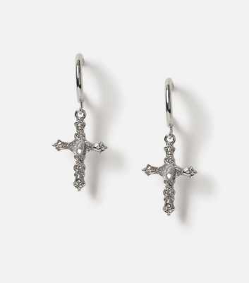 Freedom Silver Diamanté Cross Hoop Earrings