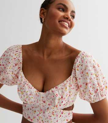 Pink Vanilla White Broderie Ditsy Floral Cut Out Crop Top