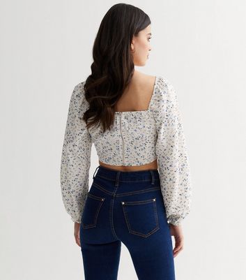 Pink Vanilla White Ditsy Floral Square Neck Crop Top