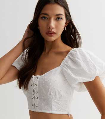 Pink Vanilla Off White Broderie Lace Up Corset Crop Top