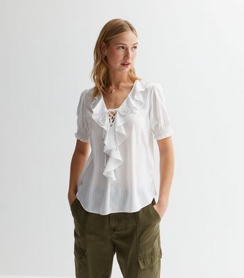 White Ruffle Tie Front Top New Look