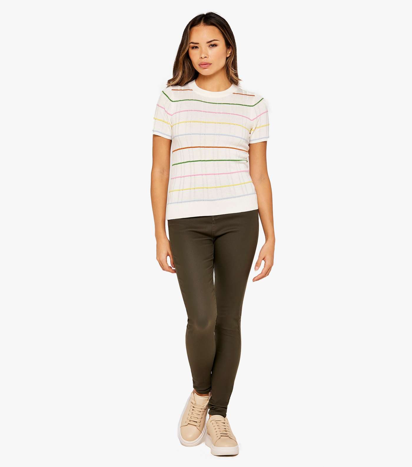 Apricot White Stripe Knit Short Sleeve T-Shirt Image 2