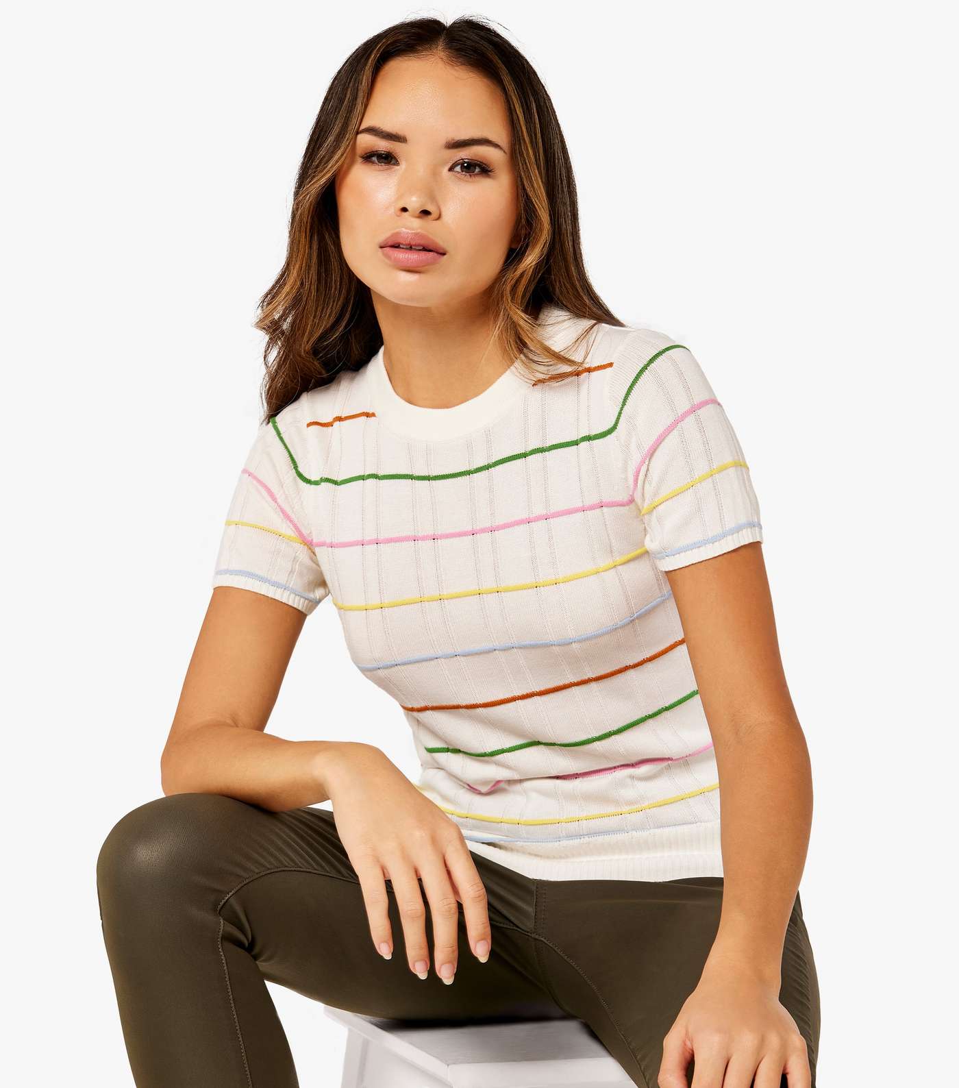 Apricot White Stripe Knit Short Sleeve T-Shirt Image 4