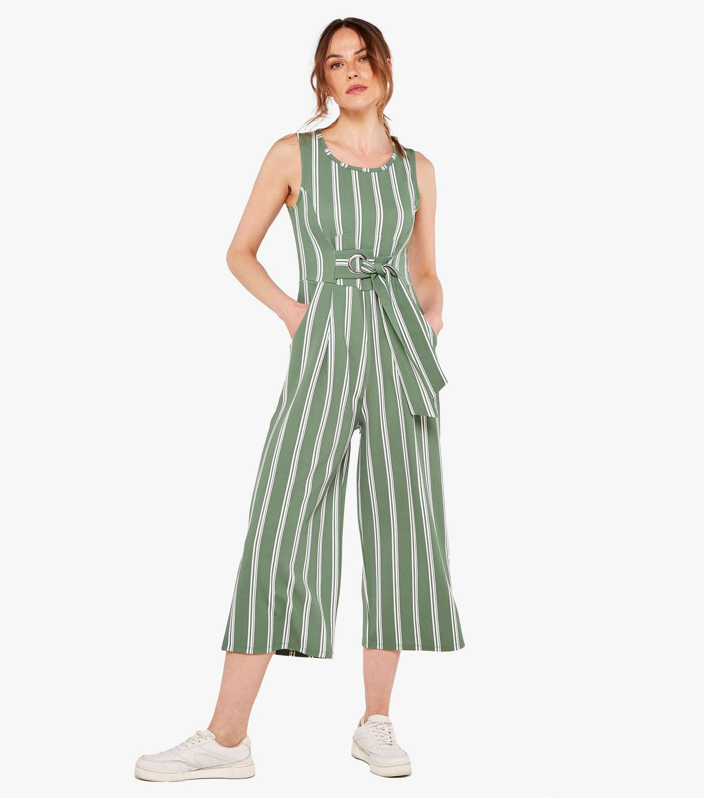Apricot Green Stripe Tie Front Crop Jumpsuit Image 2