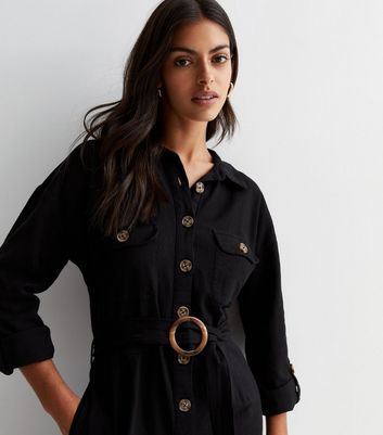 Black Cotton Belted Button Front Jumpsuit New Look