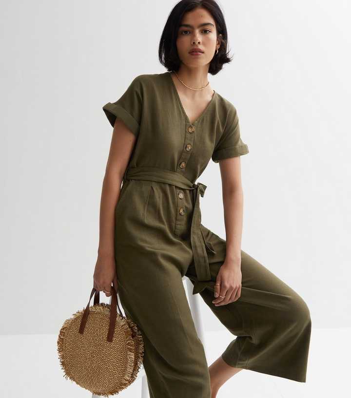 New Look Khaki Cotton Button Front Jumpsuit