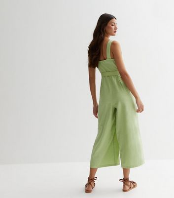 Light Green Cotton Button Front Jumpsuit New Look