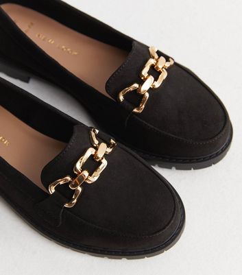Wide Fit Black Suedette Gold Chain Chunky Loafers New Look