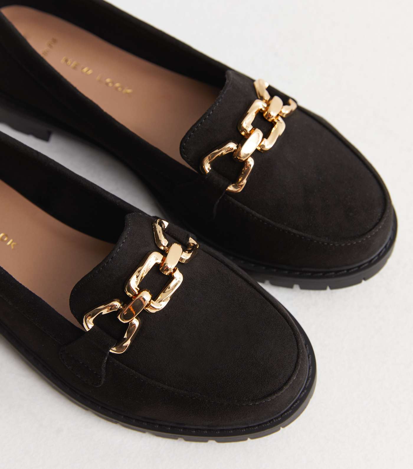 Wide Fit Black Suedette Gold Chain Chunky Loafers Image 3