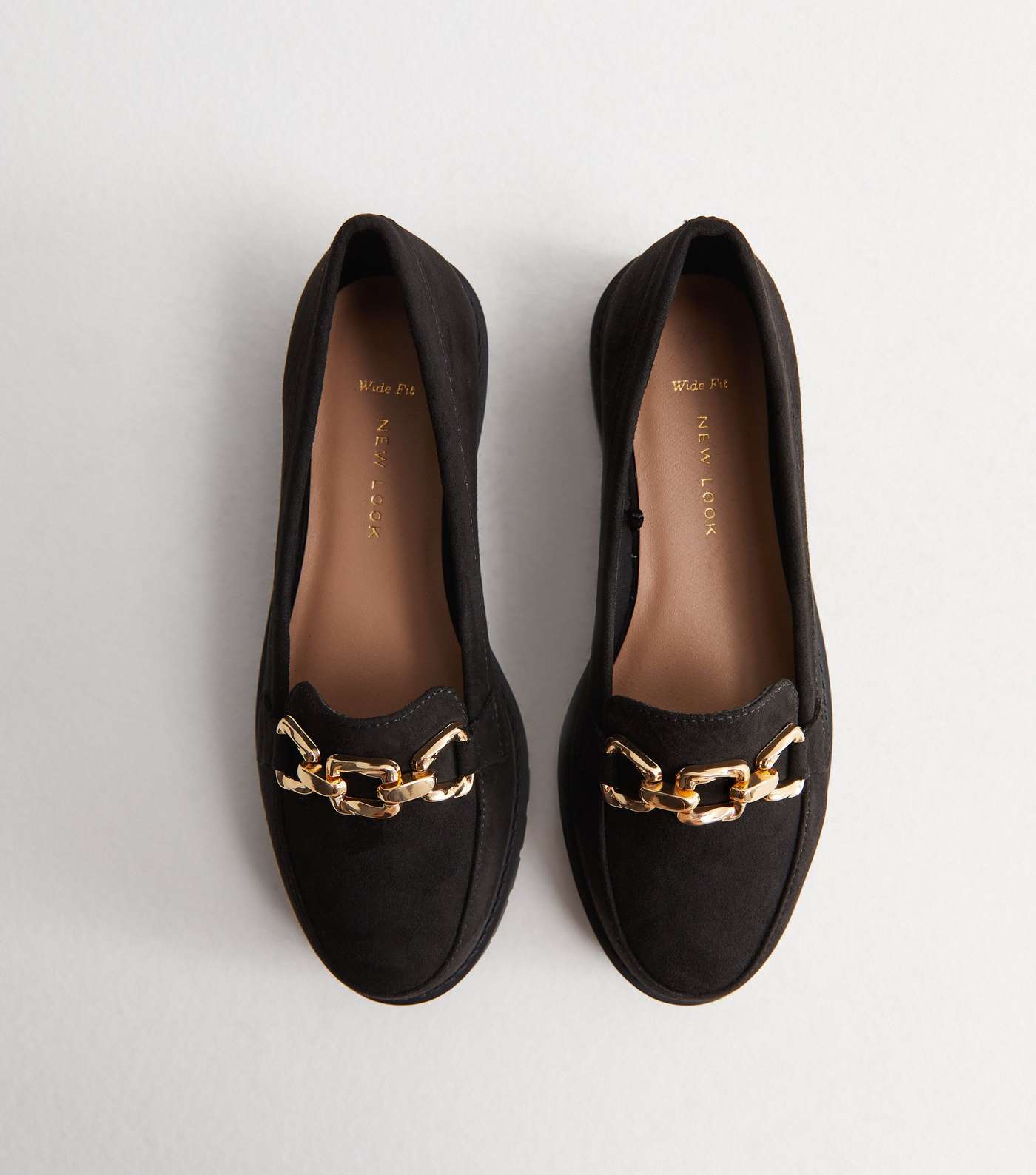 Wide Fit Black Suedette Gold Chain Chunky Loafers Image 5