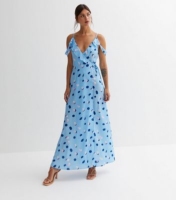 Cutie London Blue Polka Dot Frill Maxi Wrap Dress New Look