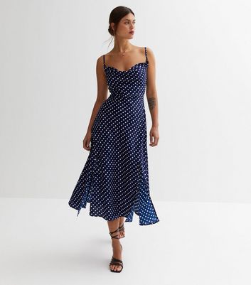Cutie London Navy Polka Dot Cowl Neck Midi Dress | New Look