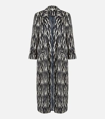 Yumi Black Zebra Print Satin Revere Collar Long Kimono New Look