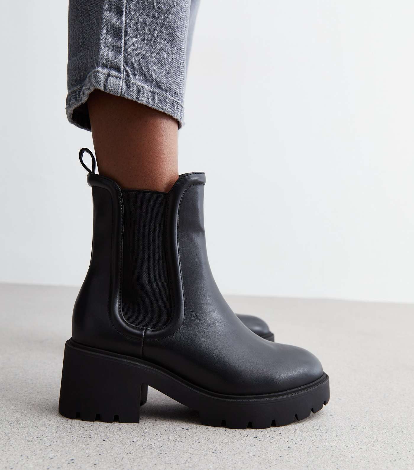 Wide Fit Black Leather-Look Chunky Block Heel Chelsea Boots Image 2