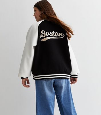 Girls Black Boston Logo Varsity Jacket New Look