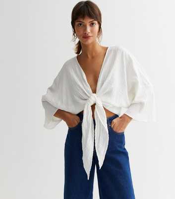 Cream Textured Tie Front Crop Blouse