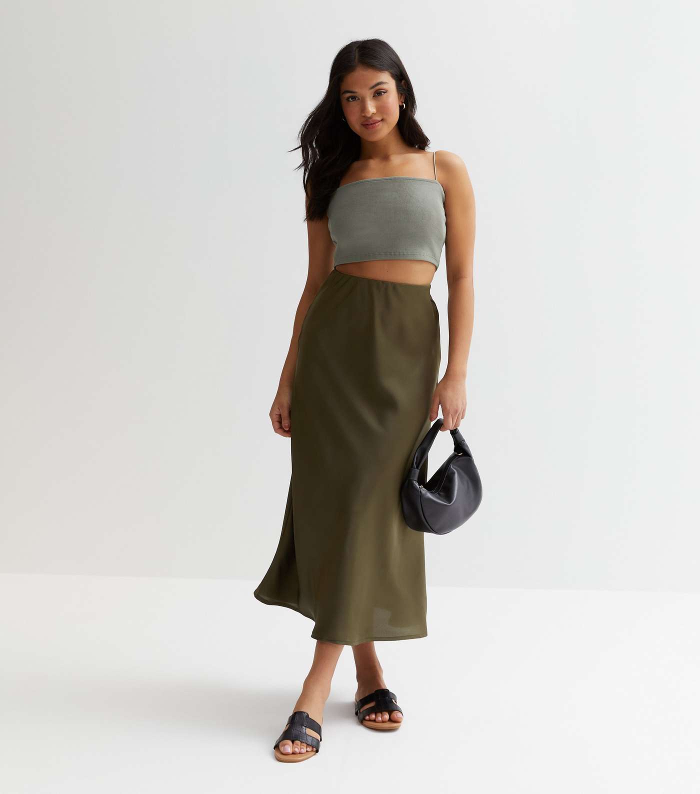 Petite Khaki Satin Bias Cut Midaxi Skirt