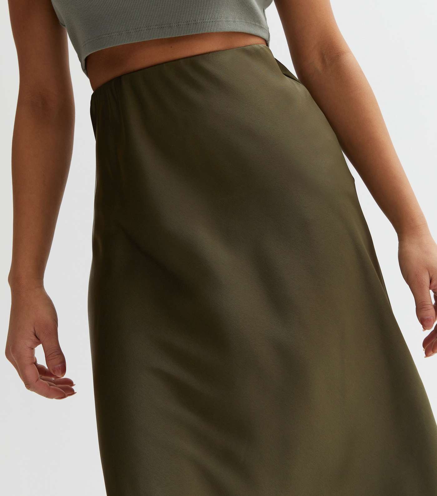 Petite Khaki Satin Bias Cut Midaxi Skirt Image 3