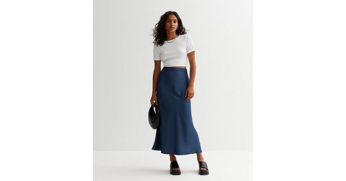 Petite Blue Satin Bias Cut Midaxi Skirt | New Look