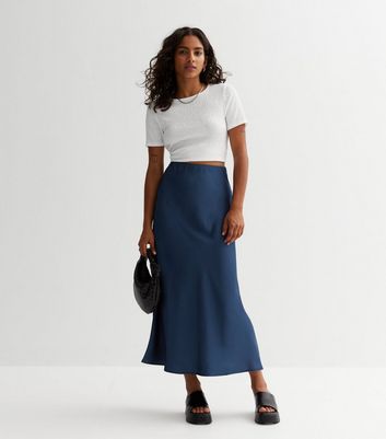 Petite Blue Satin Bias Cut Midi Skirt New Look