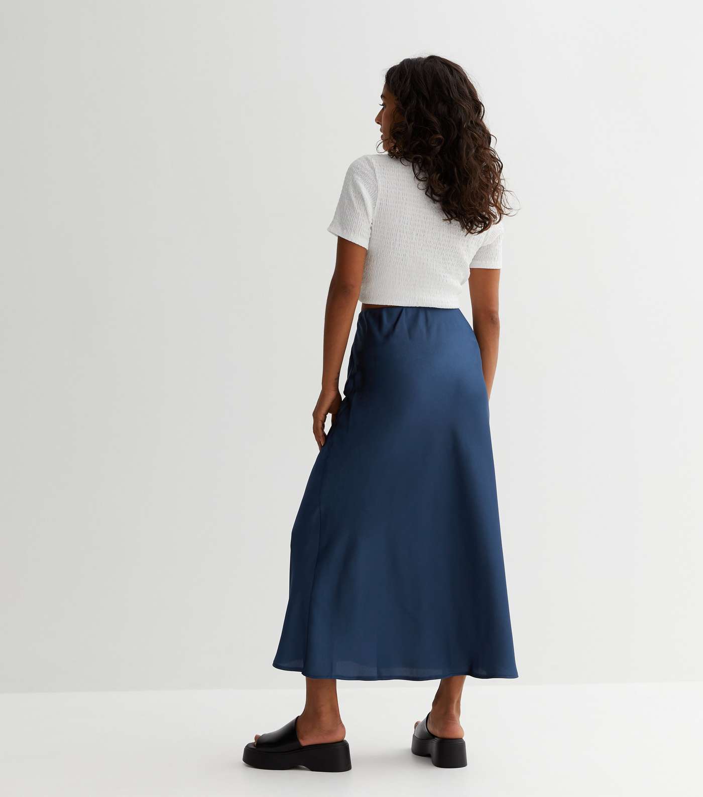 Petite Blue Satin Bias Cut Midi Skirt Image 4