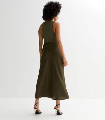 Tall Khaki Satin Bias Cut Midi Skirt New Look