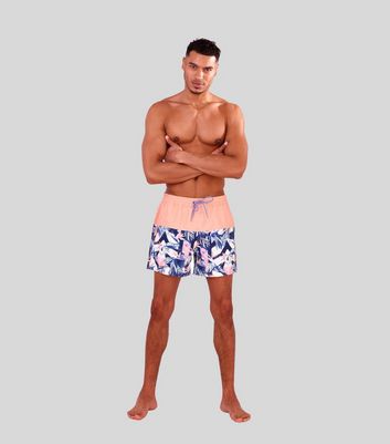 Men's South Beach Pink Tropical Colour Block Swim Shorts New Look