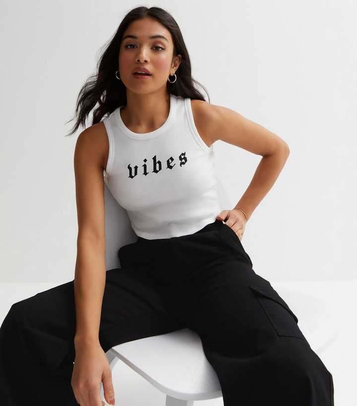Petite Off White Vibes Logo Crop Vest New Look