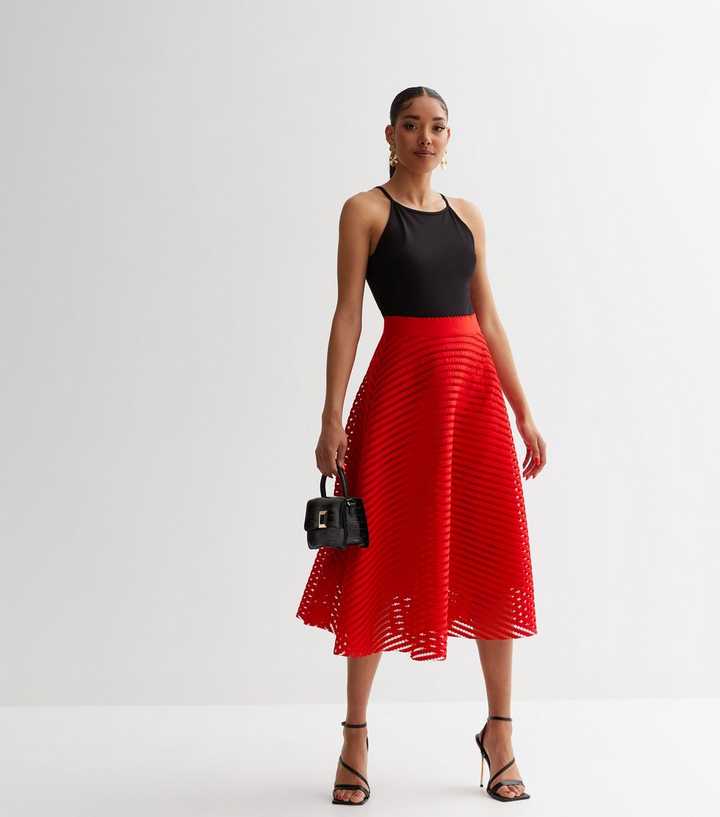 Red Textured High Waist Midi Skirt