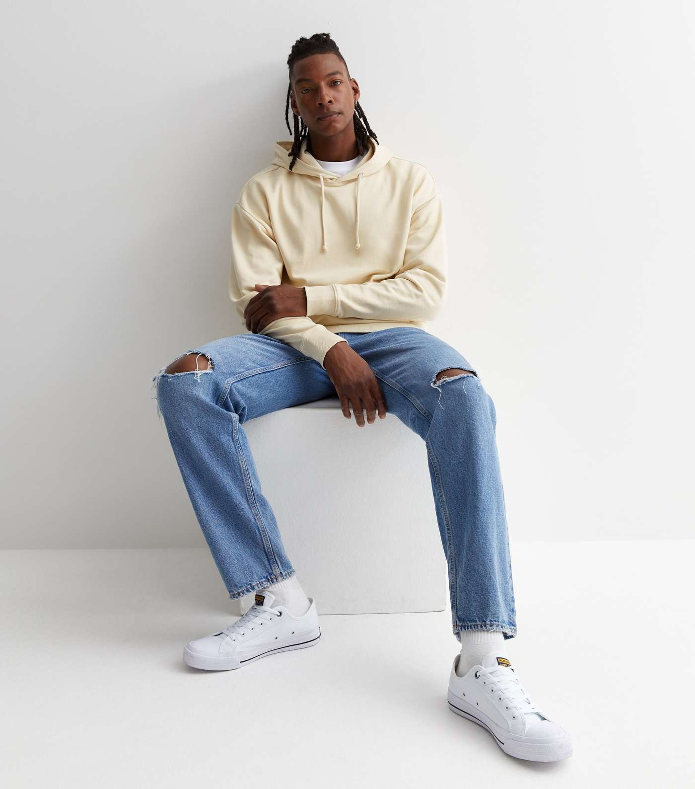 Cream Pocket Front Relaxed Fit Hoodie Image 3