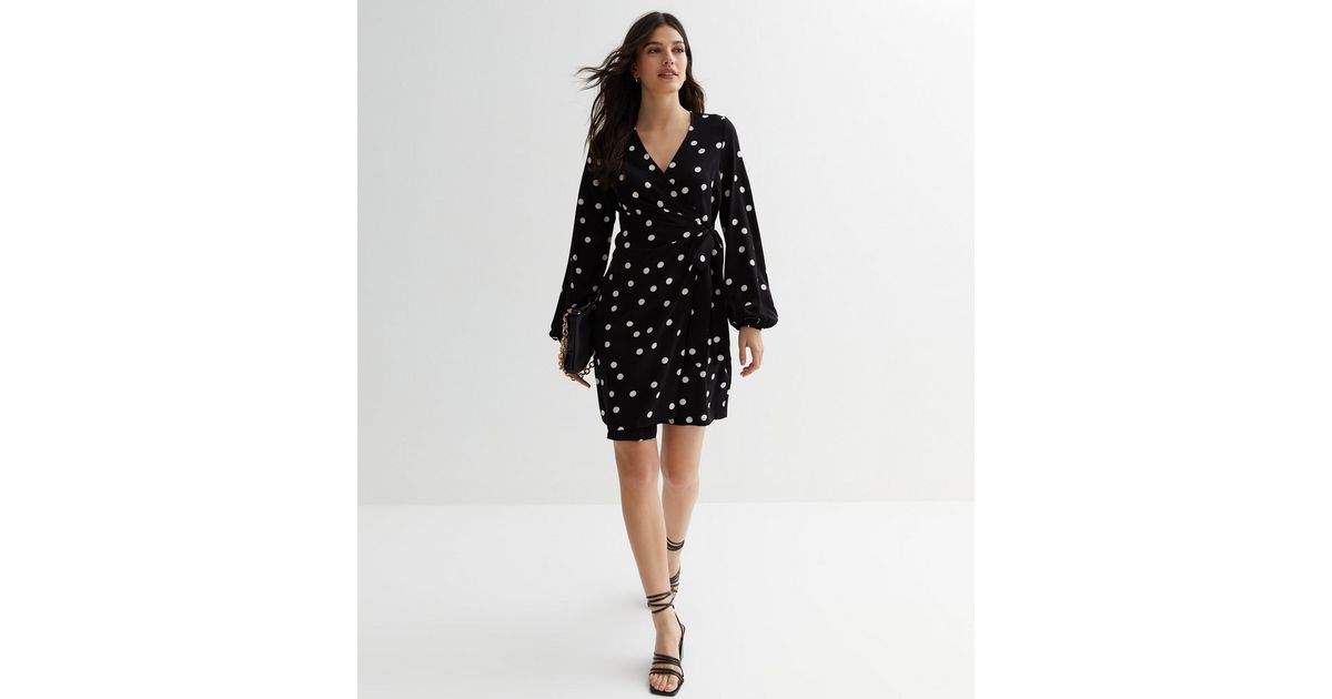 Gini London Black Polka Dot Mini Wrap Dress | New Look