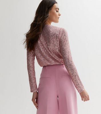 Gini London Pink Sequin Wrap Bodysuit New Look