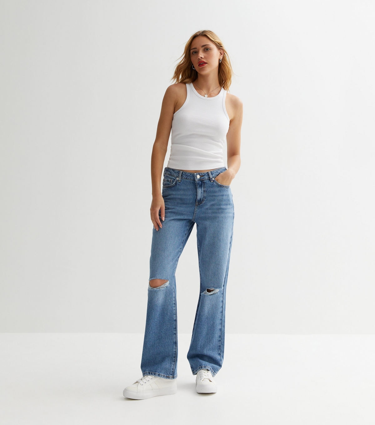 Women's Blue Low Rise Ripped Dad Jeans New Look