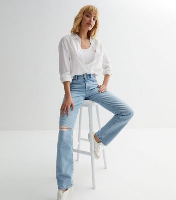 Pale Blue Low Rise Ripped Long Straight Leg Jeans New Look