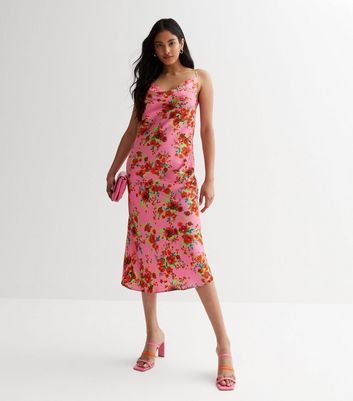 Pink Floral Cowl Neck Strappy Midi Dress | New Look