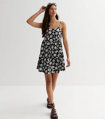 Black Floral Cotton Strappy Mini Smock Dress New Look