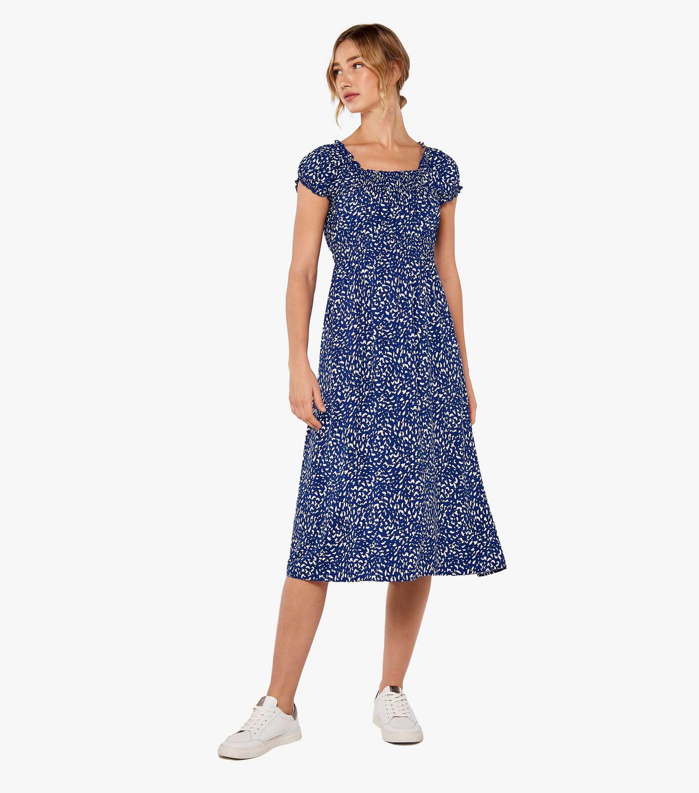 Apricot Blue Brushstroke Shirred Midi Dress Image 2