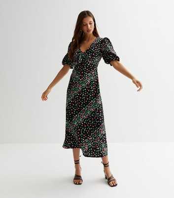 Influence Black Ditsy Floral Tie Front Midaxi Dress