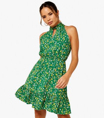 Apricot Green Ditsy Floral Keyhole Twist Halter Neck Mini Dress