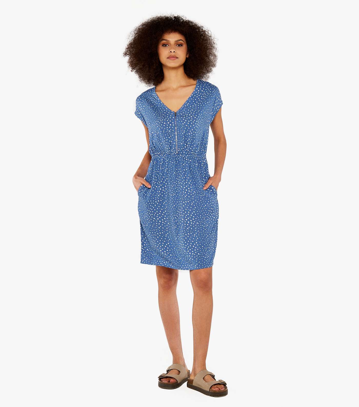 Apricot Blue Spot Zip Front V Neck Mini Dress Image 2